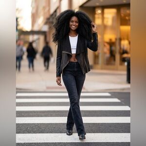 NWOT Mote Elegant Black Draped Textured Faux Leather Suede Jacket